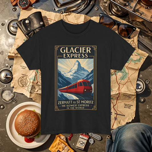 Glacier Express – Art Deco Alpine Train Adventure Tee Road Trip & Vehicle Travel T-Shirts | Car, RV, and Motorcycle Adventure Tees