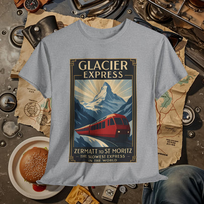 Glacier Express – Art Deco Alpine Train Adventure Tee Road Trip & Vehicle Travel T-Shirts | Car, RV, and Motorcycle Adventure Tees