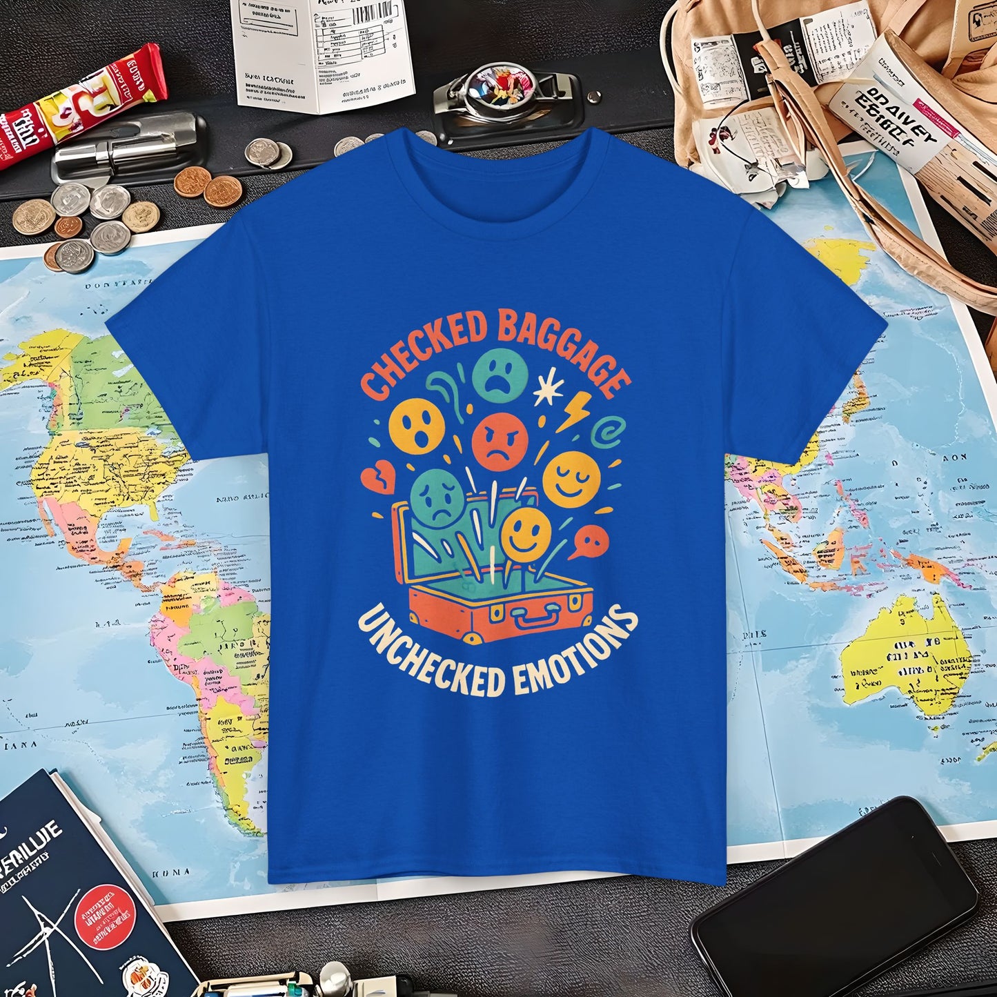 Checked Baggage Unchecked Emotions T-Shirt – Vintage Emoticons Luggage Travel Tee for Emotional Travelers Air Travel T-Shirts | Jetsetter, Airport, and International Flight Tees