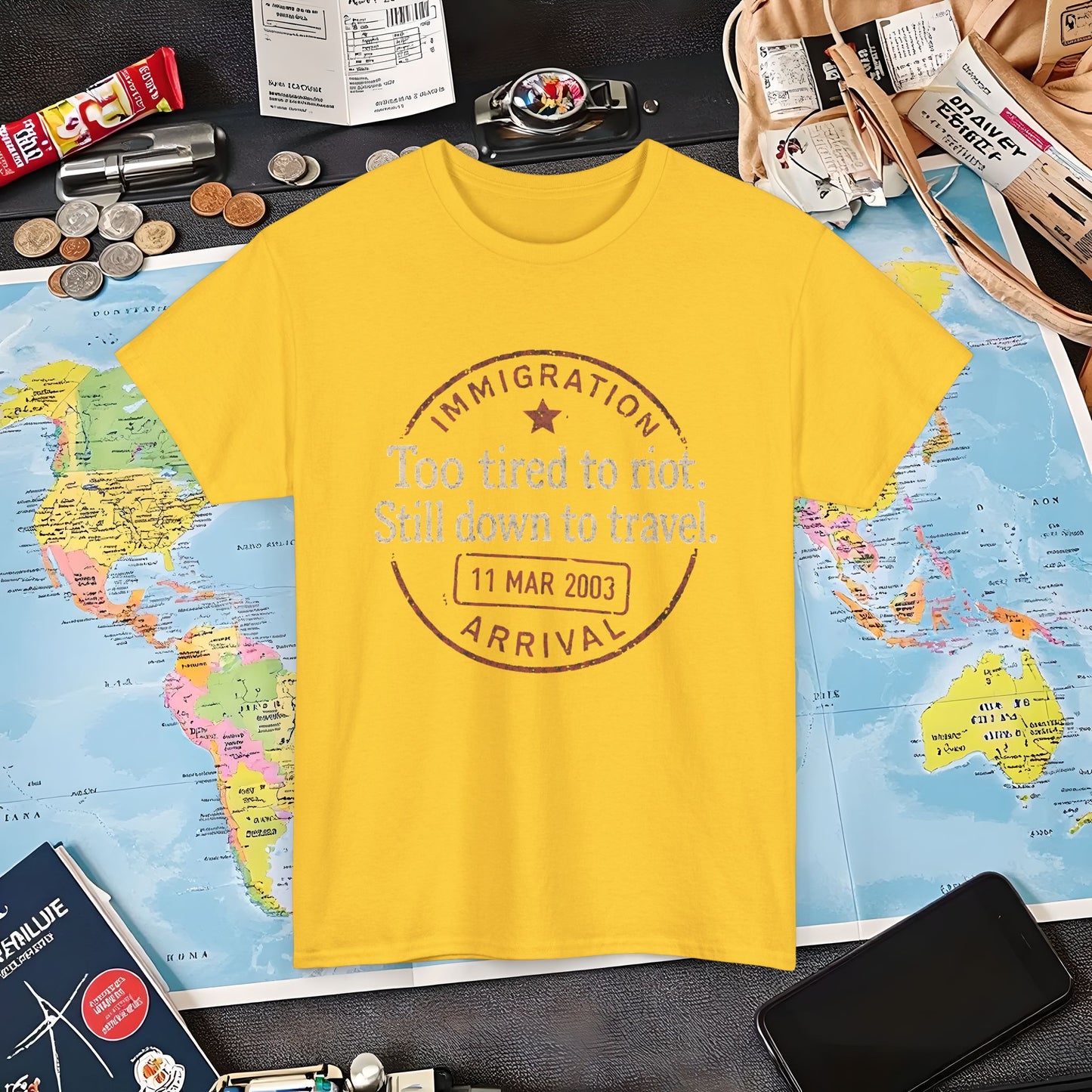 Too Tired to Riot, Still Down to Travel – Vintage Passport Stamp Travel Quote Tee Air Travel T-Shirts | Jetsetter, Airport, and International Flight Tees