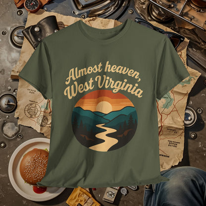 Almost Heaven, West Virginia T-Shirt – Vintage Appalachian Sunset with Winding River Road Trip & Vehicle Travel T-Shirts | Car, RV, and Motorcycle Adventure Tees