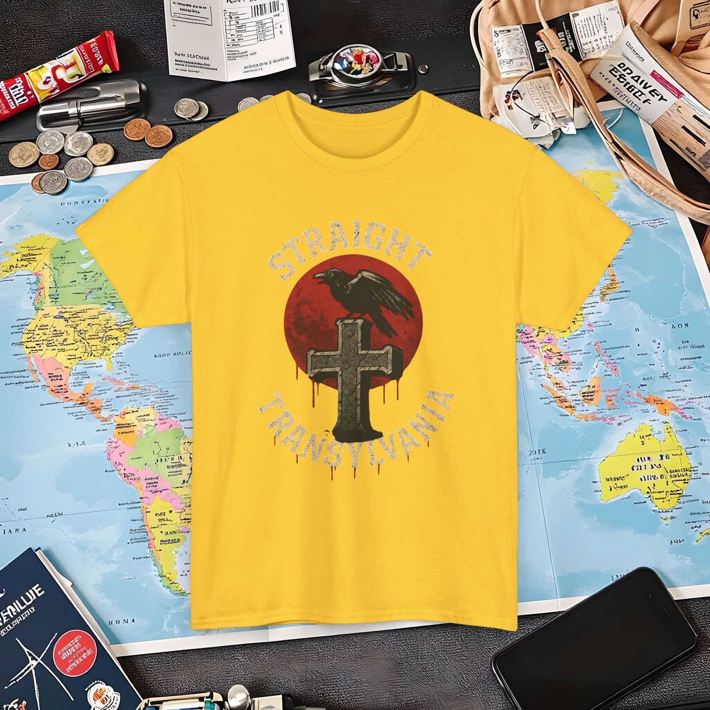 Blood Moon Raven Gothic Cross Tee – Dark Transylvania Travel Shirt | Layover Club Air Travel T-Shirts | Jetsetter, Airport, and International Flight Tees