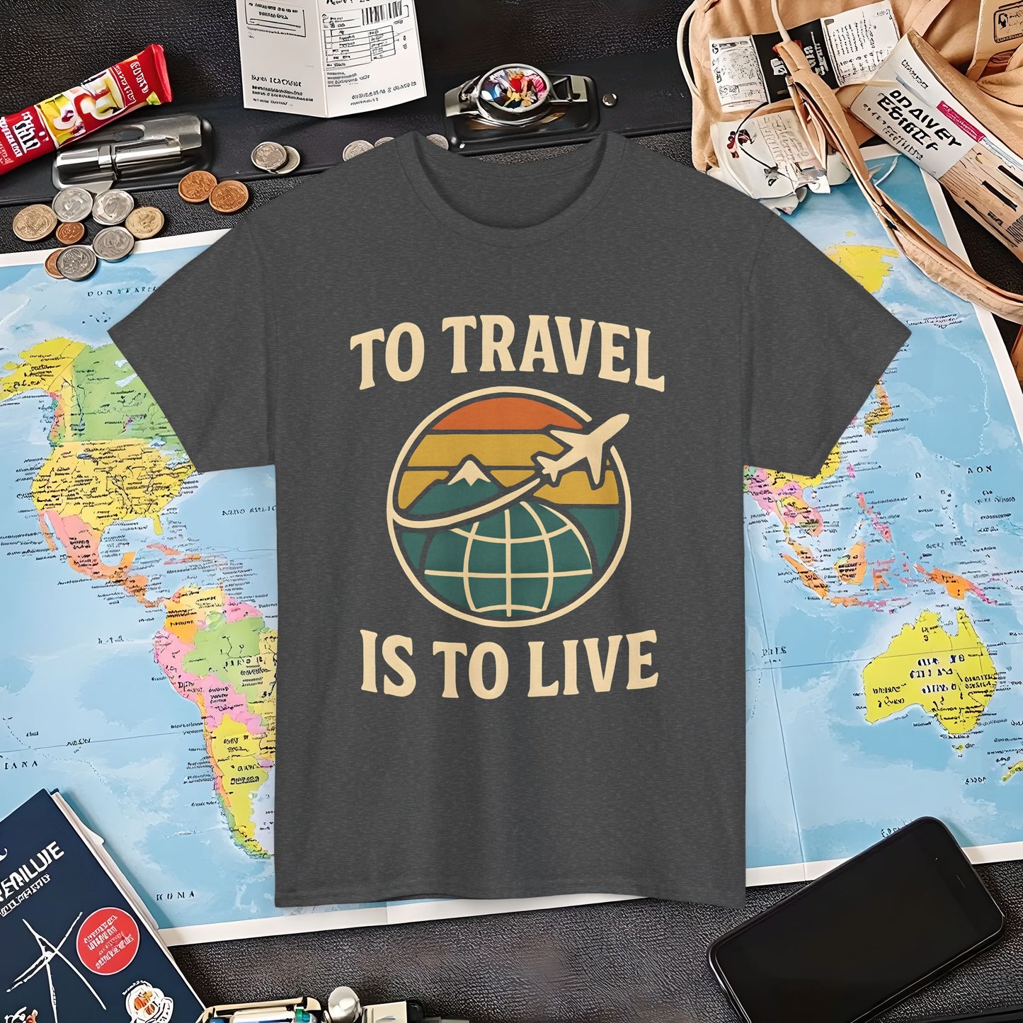 To Travel Is To Live – Vintage Globe & Airplane Travel Badge Tee (Layover Club) Air Travel T-Shirts | Jetsetter, Airport, and International Flight Tees