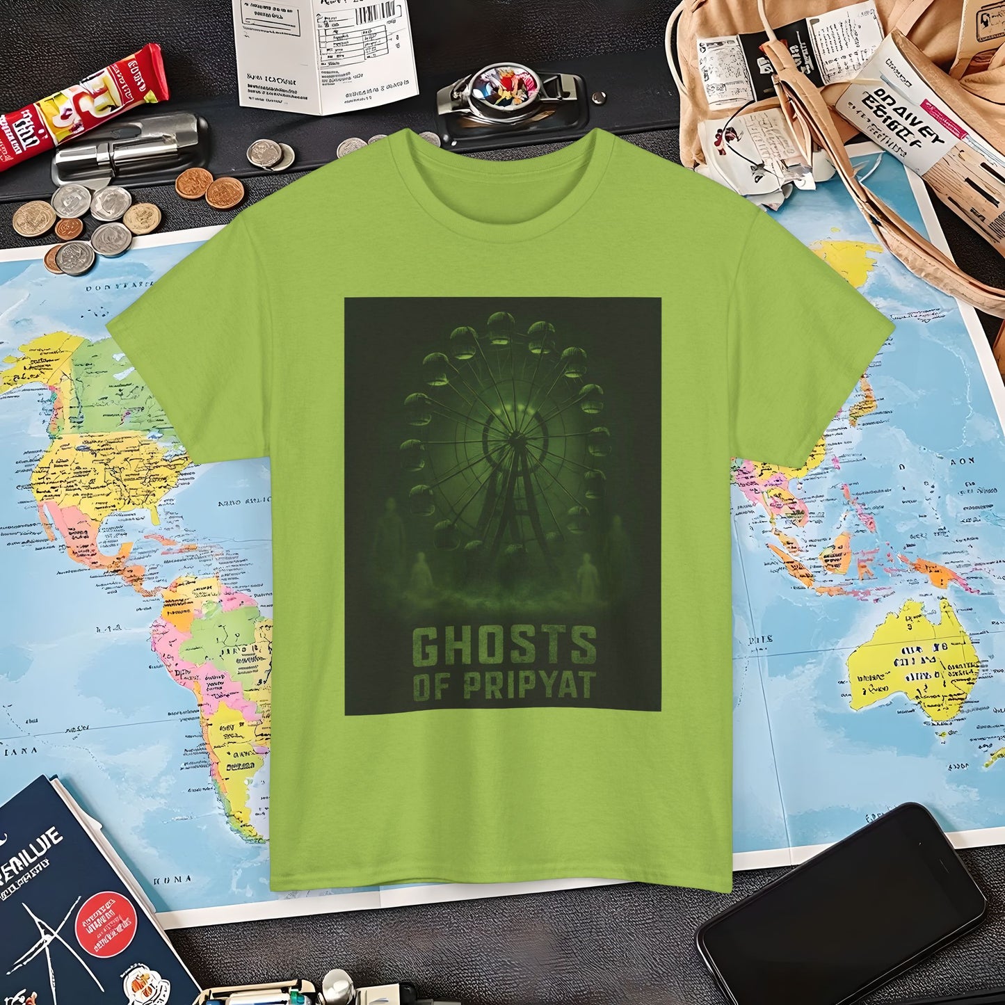 Neon Green Pripyat Ferris Wheel & Ghostly Silhouettes Tee – Chernobyl Dark Tourism Shirt | Layover Club Air Travel T-Shirts | Jetsetter, Airport, and International Flight Tees