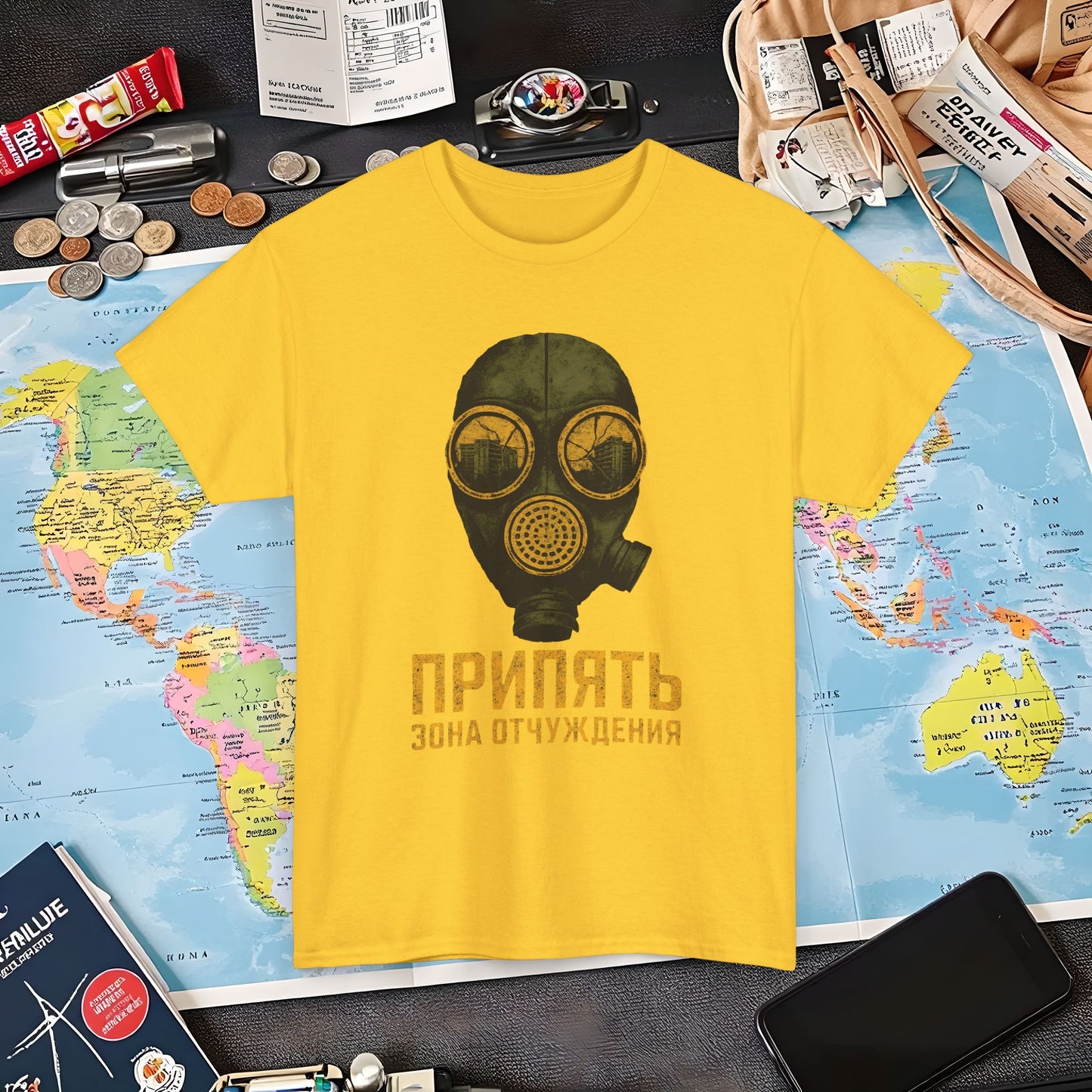Pripyat Gas Mask with Ruined Apartment Reflection Tee – Chernobyl Dark Tourism Shirt | Layover Club Air Travel T-Shirts | Jetsetter, Airport, and International Flight Tees