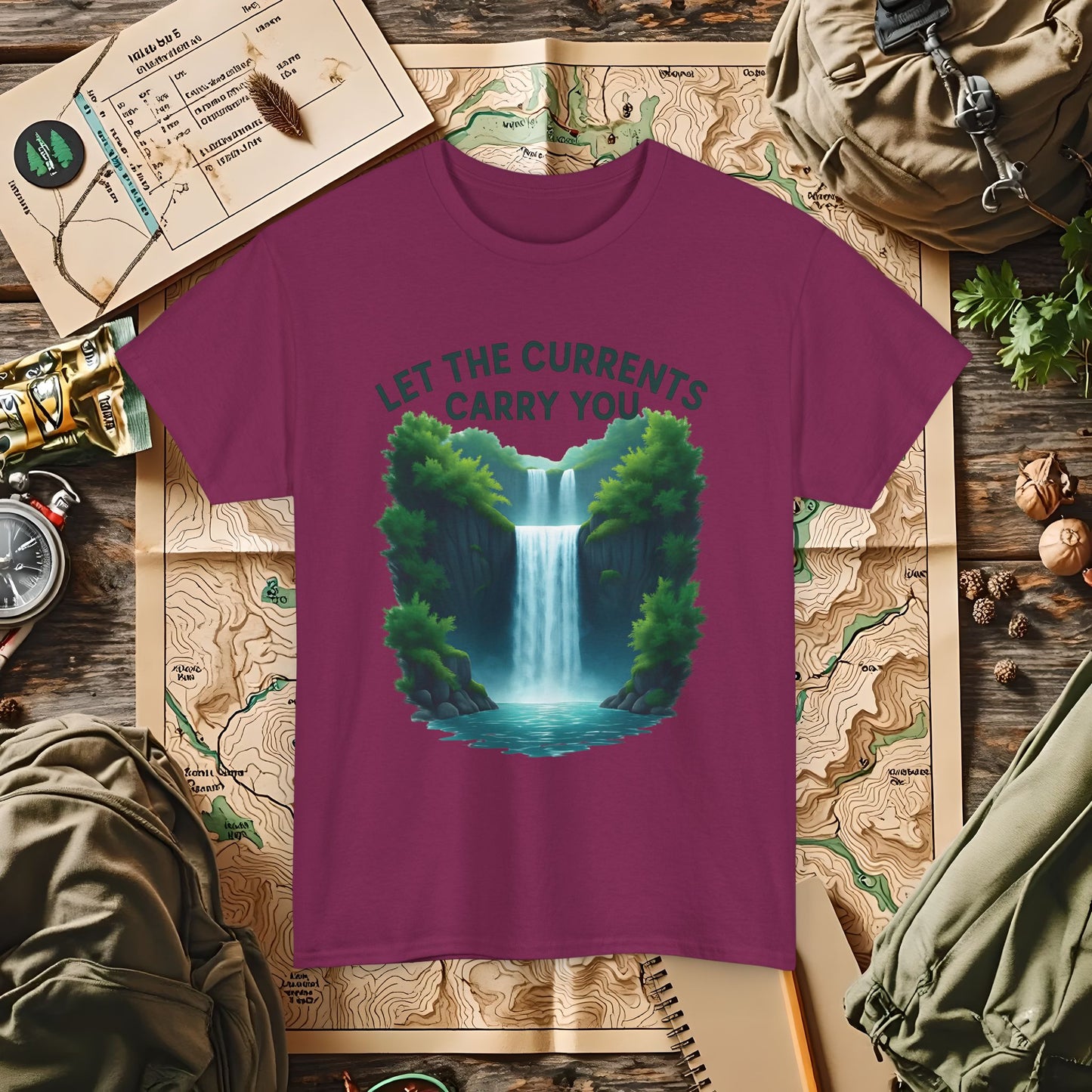 Let the Currents Carry You T-Shirt – Waterfall Escape Design Camping, Hiking, Rafting & Kayaking Tees for Nature Lovers