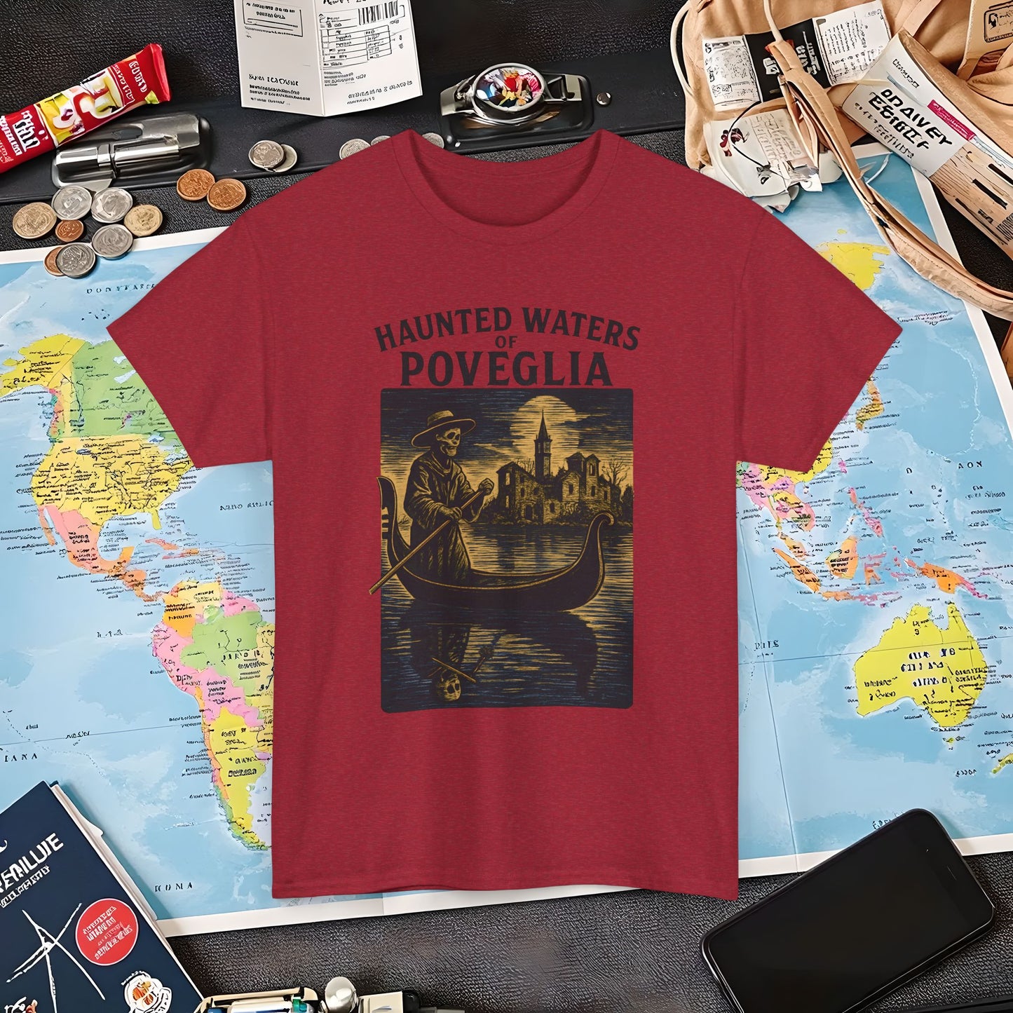 Skeletal Gondolier of Haunted Poveglia – Dark Venetian Ghost Travel Tee| Layover Club Air Travel T-Shirts | Jetsetter, Airport, and International Flight Tees
