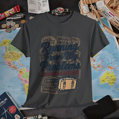 Running From My Problems Through Customs – Vintage Travel Quote Tee with Passport Stamps Air Travel T-Shirts | Jetsetter, Airport, and International Flight Tees