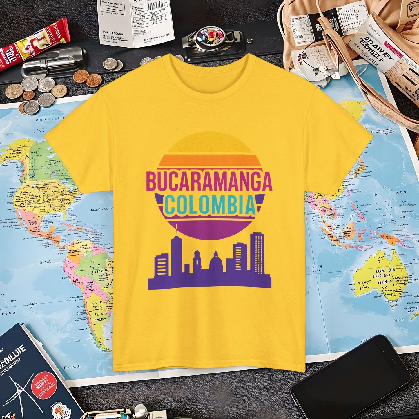 Retro Bucaramanga Skyline Sunset Tee – Vintage Colombia Travel Shirt| Layover Club Air Travel T-Shirts | Jetsetter, Airport, and International Flight Tees