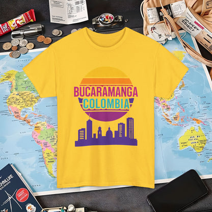 Retro Bucaramanga Skyline Sunset Tee – Vintage Colombia Travel Shirt| Layover Club Air Travel T-Shirts | Jetsetter, Airport, and International Flight Tees