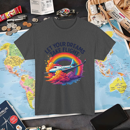 Let Your Dreams Take Flight T-Shirt – Airplane with Rainbow Trail Design Air Travel T-Shirts | Jetsetter, Airport, and International Flight Tees