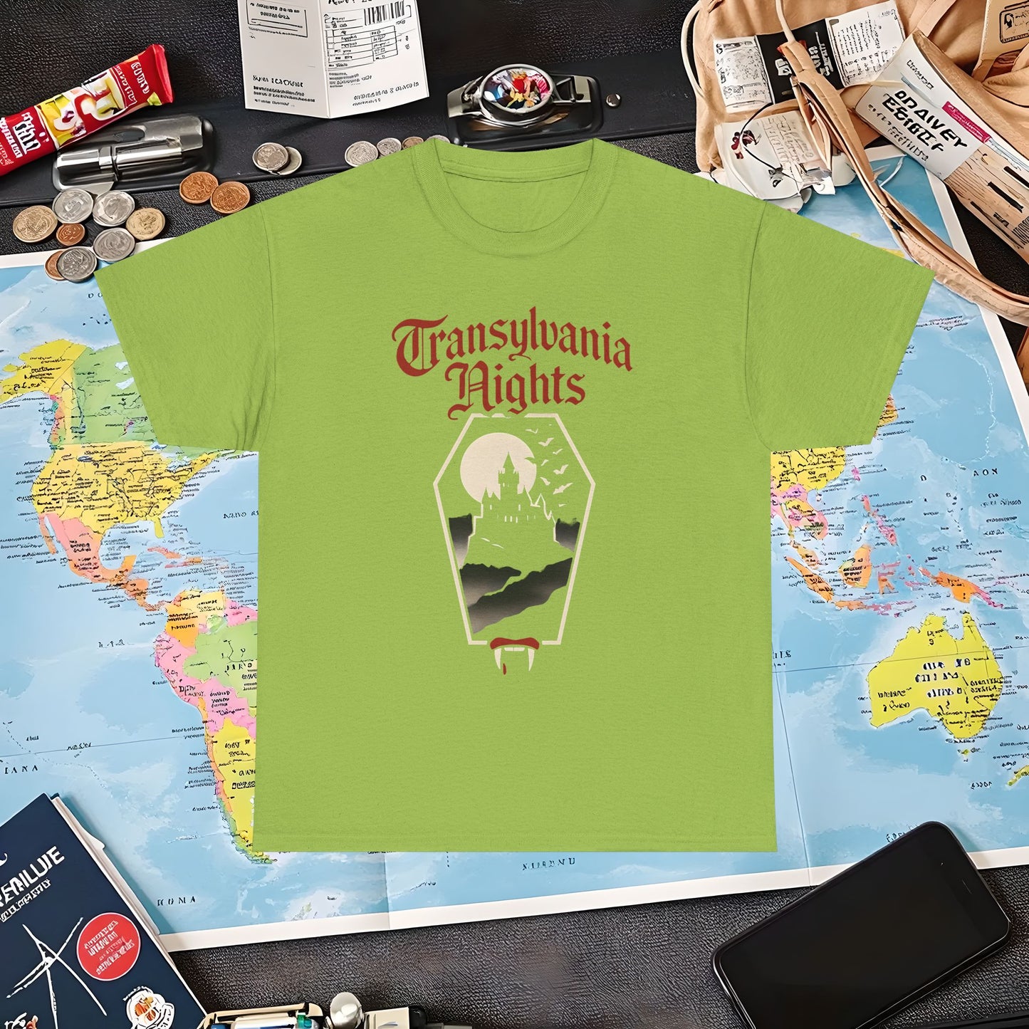 Transylvania Nights Gothic Castle Silhouette Tee – Dark Travel Romania Shirt | Layover Club Air Travel T-Shirts | Jetsetter, Airport, and International Flight Tees