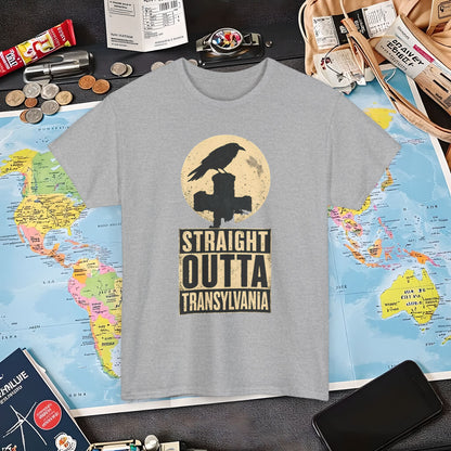 Straight Outta Transylvania Raven Cross Tee – Gothic Travel Romania Shirt | Layover Club Air Travel T-Shirts | Jetsetter, Airport, and International Flight Tees