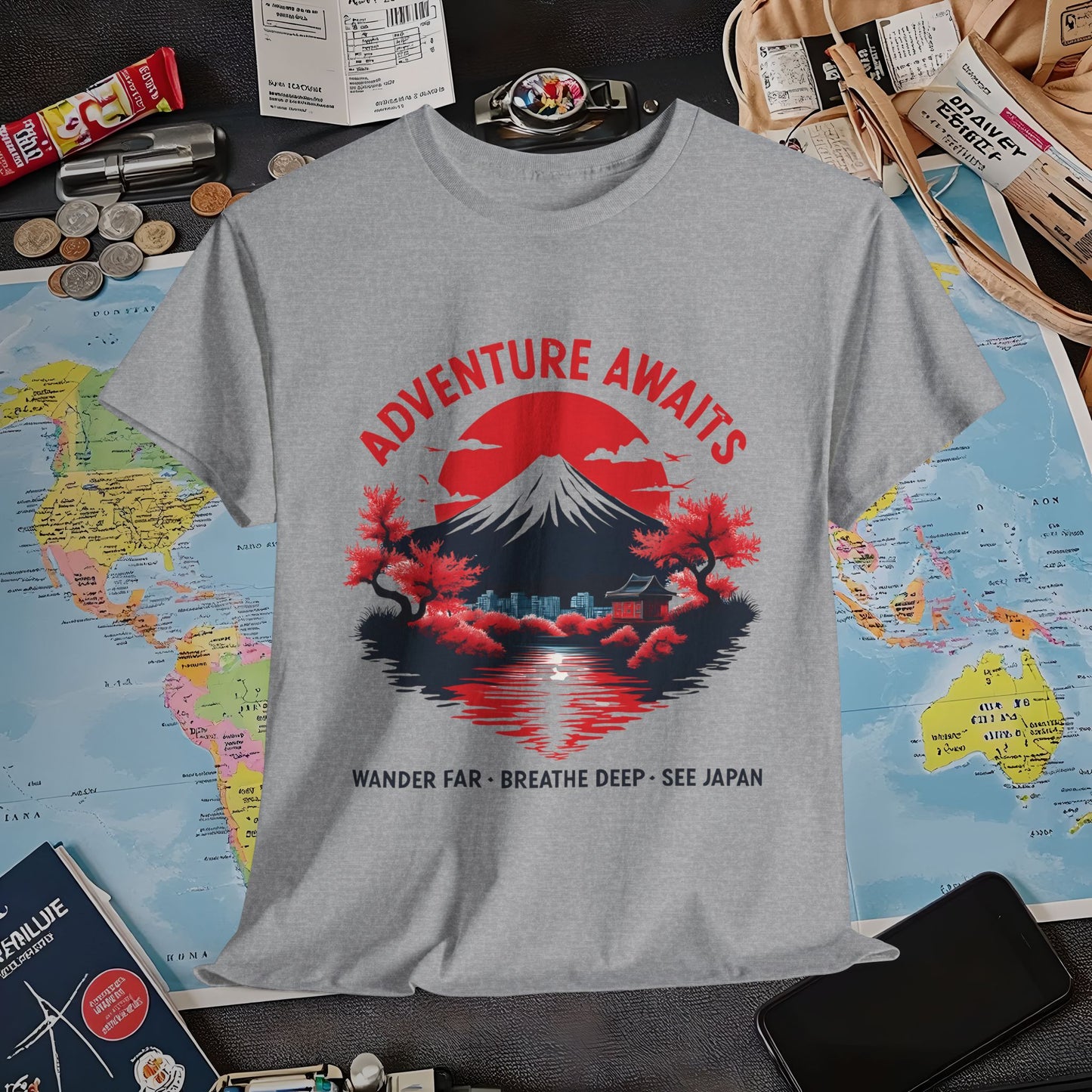 Adventure Awaits – Wander Far, Breathe Deep, See Japan T-Shirt – Scenic Mountain Escape Design Air Travel T-Shirts | Jetsetter, Airport, and International Flight Tees