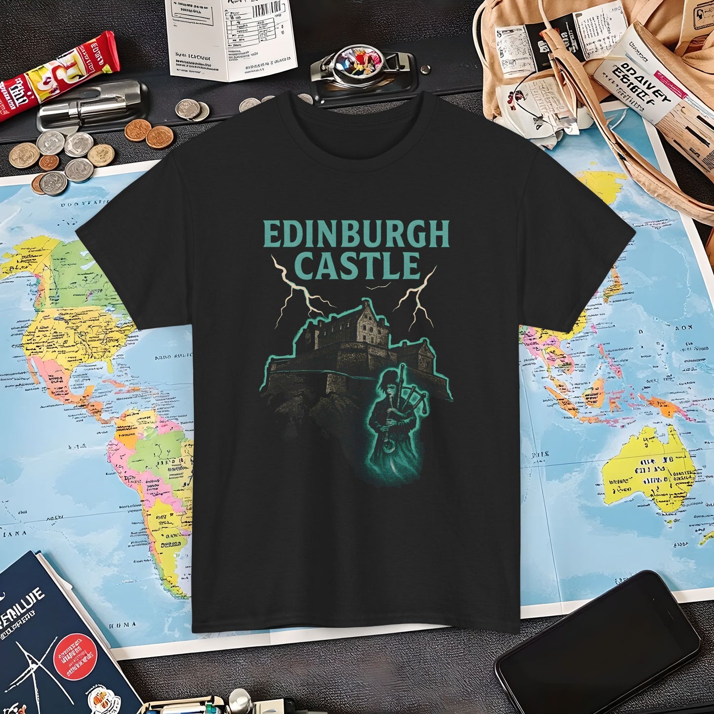 Ghostly Edinburgh Castle & Spectral Bagpiper Tee – Haunted Scotland Dark Tourism Shirt | Layover Club Air Travel T-Shirts | Jetsetter, Airport, and International Flight Tees
