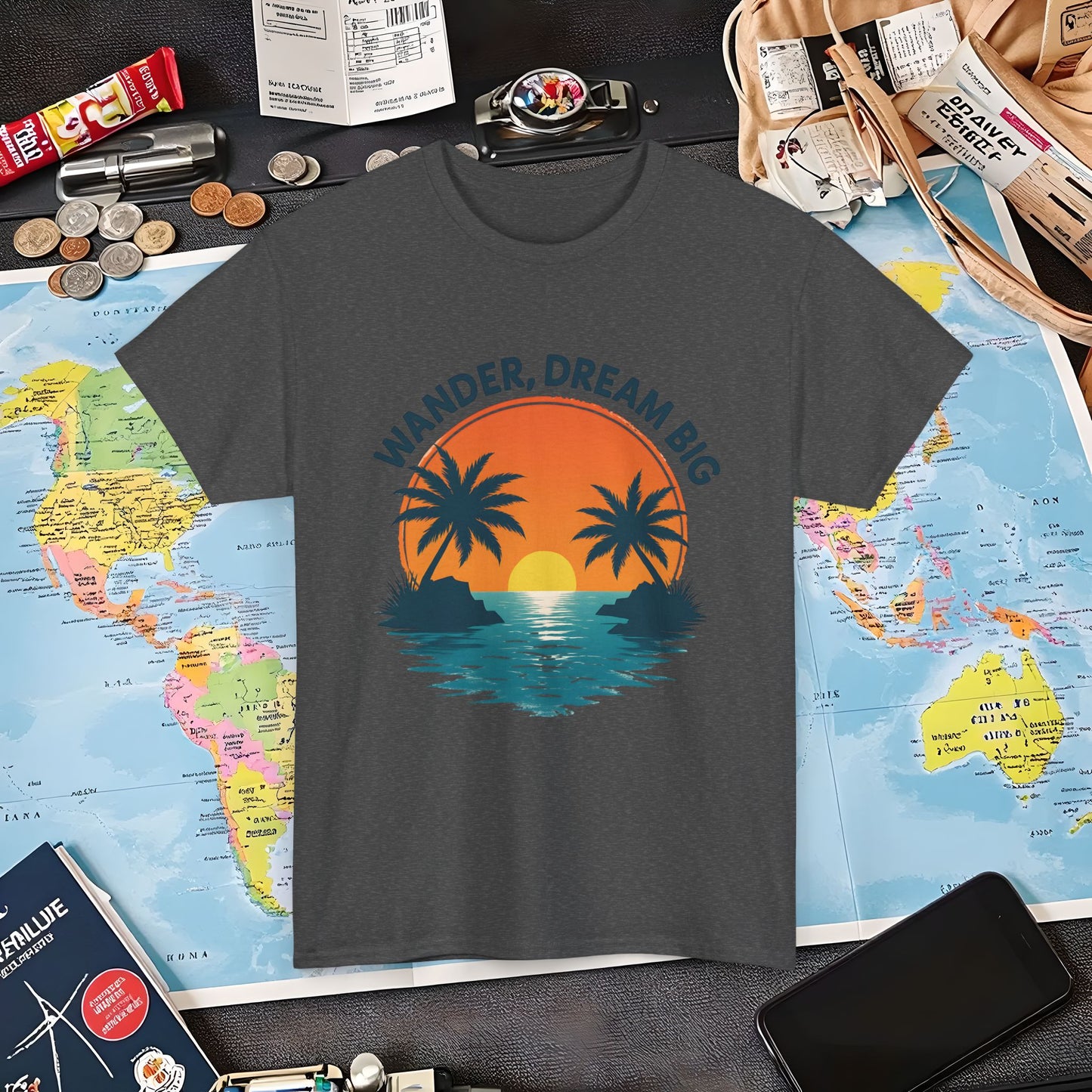 Wander Dream Big T-Shirt – Tropical Sunset with Palm Silhouettes Design Air Travel T-Shirts | Jetsetter, Airport, and International Flight Tees