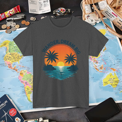 Wander Dream Big T-Shirt – Tropical Sunset with Palm Silhouettes Design Air Travel T-Shirts | Jetsetter, Airport, and International Flight Tees