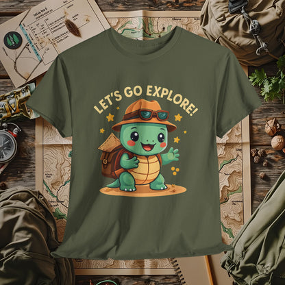 Let’s Go Explore T-Shirt – Cute Turtle Explorer with Travel Gear Design | Camping, Hiking, Rafting & Kayaking Tees for Nature Lovers