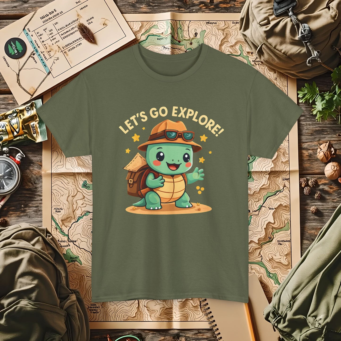 Let’s Go Explore T-Shirt – Cute Turtle Explorer with Travel Gear Design | Camping, Hiking, Rafting & Kayaking Tees for Nature Lovers