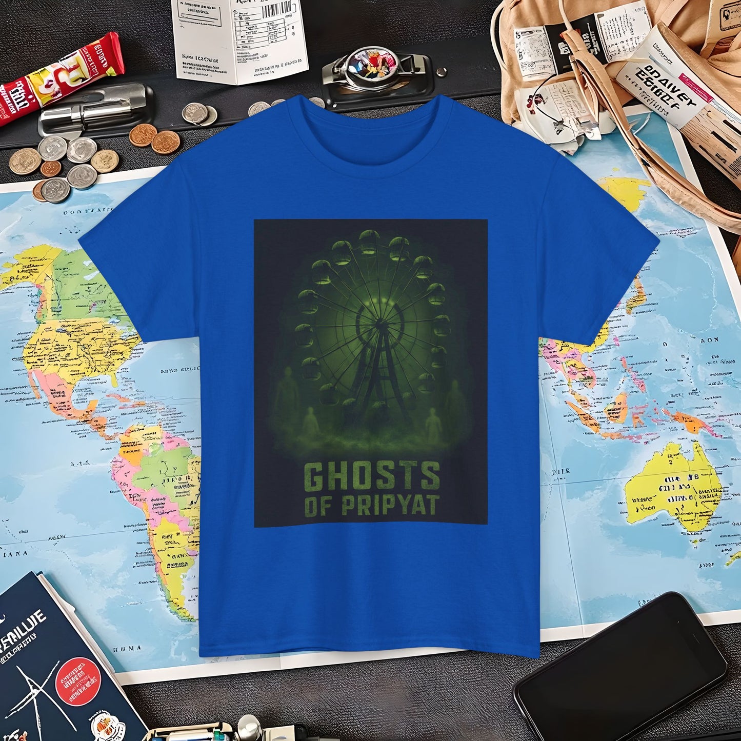 Neon Green Pripyat Ferris Wheel & Ghostly Silhouettes Tee – Chernobyl Dark Tourism Shirt | Layover Club Air Travel T-Shirts | Jetsetter, Airport, and International Flight Tees