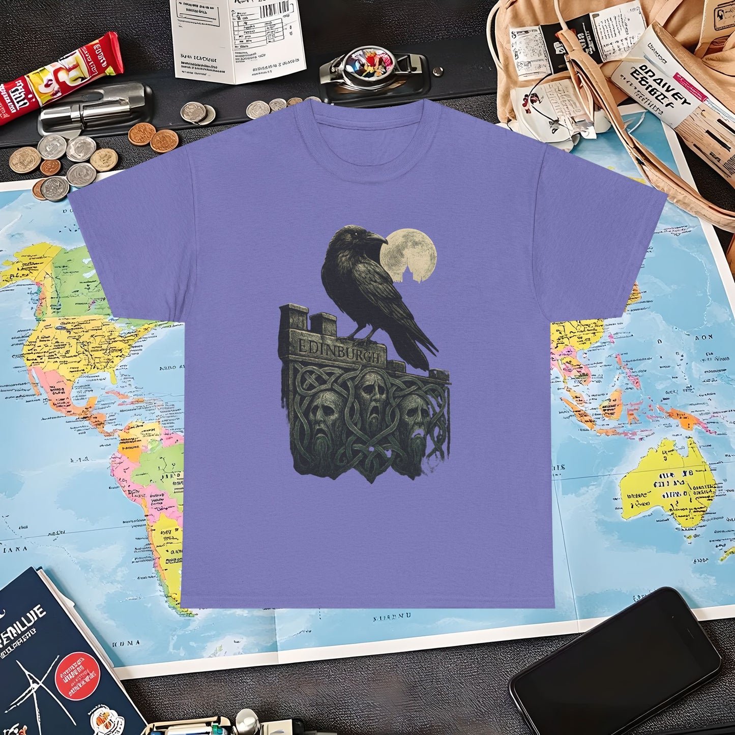 Gothic Crow on Edinburgh’s Haunted Battlements Tee – Dark Tourism Scotland Shirt | Layover Club Air Travel T-Shirts | Jetsetter, Airport, and International Flight Tees