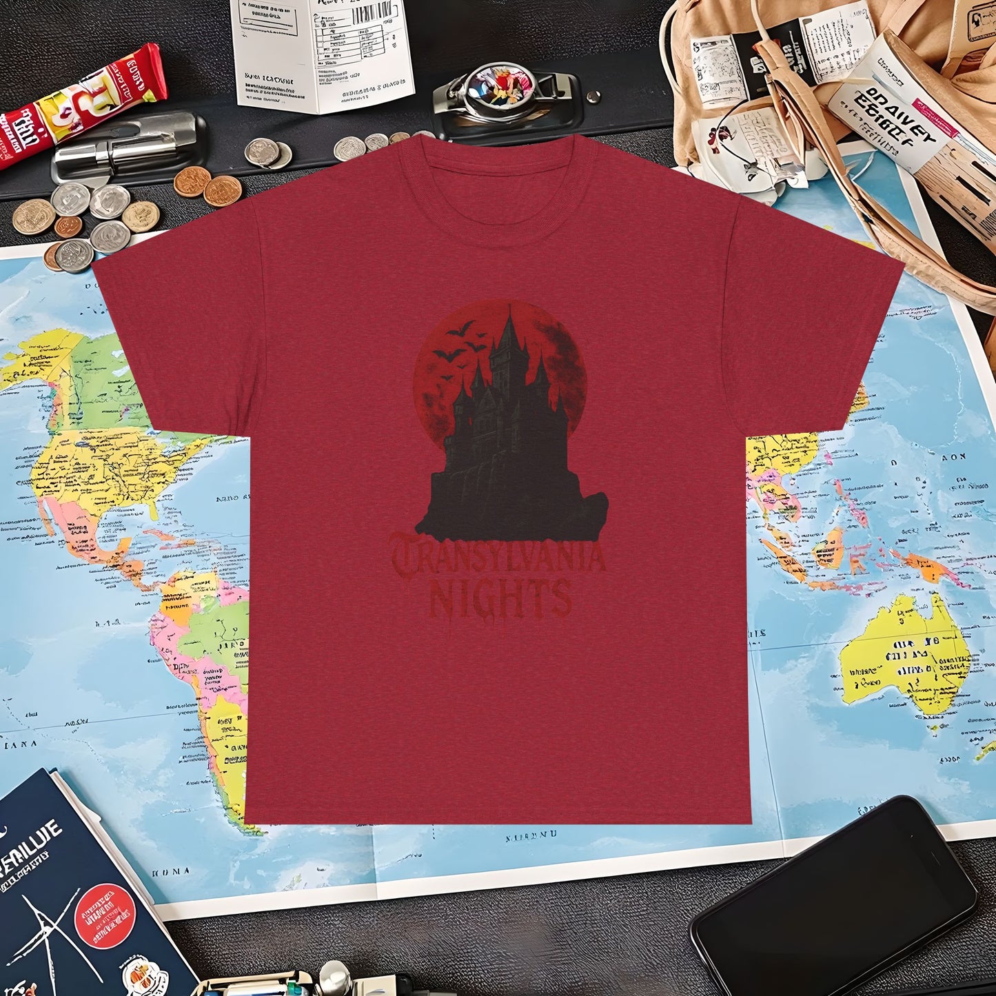 Transylvania Nights Tee – Gothic Castle Under Crimson Moon | Layover Club Air Travel T-Shirts | Jetsetter, Airport, and International Flight Tees