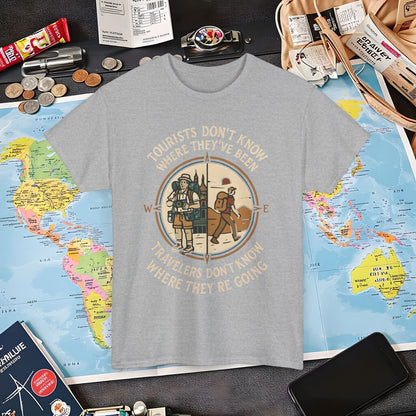 Tourists vs. Travelers – Vintage Compass Emblem Quote Tee | Layover Club Air Travel T-Shirts | Jetsetter, Airport, and International Flight Tees