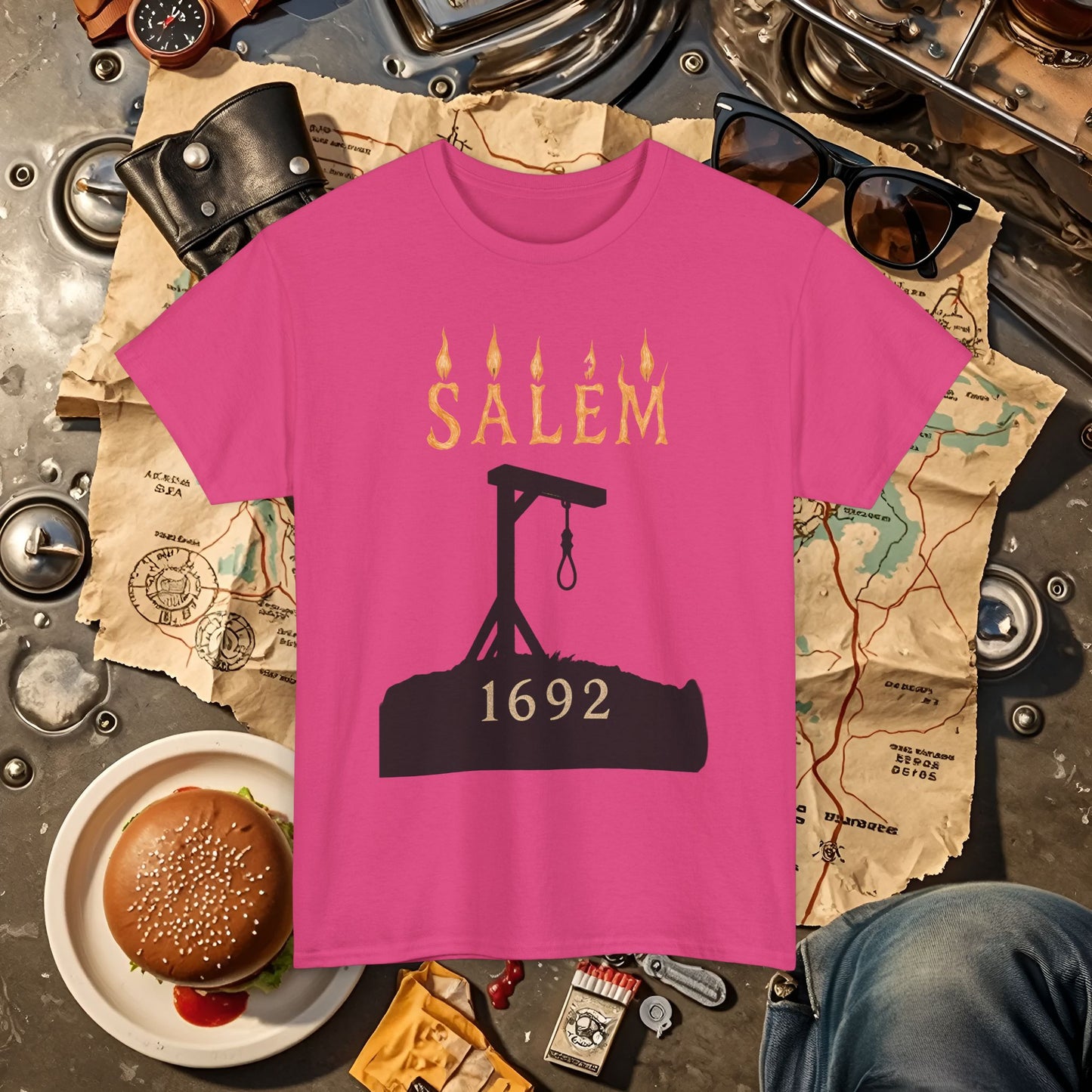 Salem 1692 Gothic Noose & Candle Flame Typography Tee – Witch Trials Dark History Shirt | Car, RV, and Motorcycle Adventure Tees