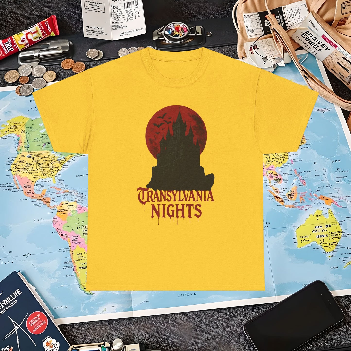 Transylvania Nights Tee – Gothic Castle Under Crimson Moon | Layover Club Air Travel T-Shirts | Jetsetter, Airport, and International Flight Tees