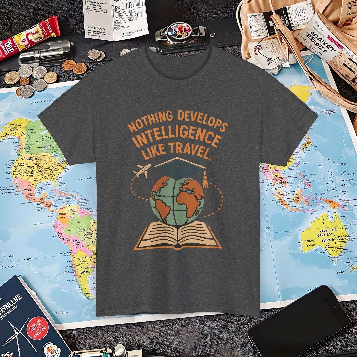 Nothing Develops Intelligence Like Travel – Globe Graduation Wisdom Tee | Layover Club Air Travel T-Shirts | Jetsetter, Airport, and International Flight Tees