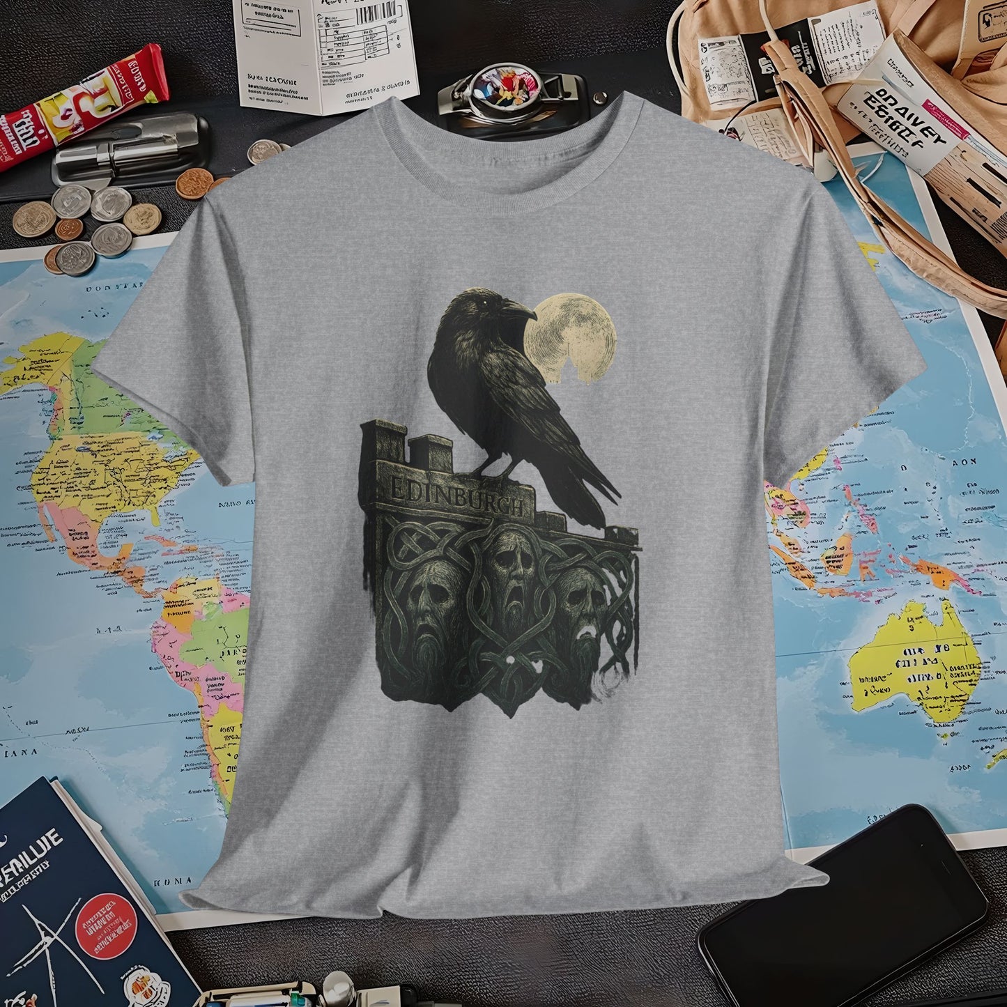 Gothic Crow on Edinburgh’s Haunted Battlements Tee – Dark Tourism Scotland Shirt | Layover Club Air Travel T-Shirts | Jetsetter, Airport, and International Flight Tees