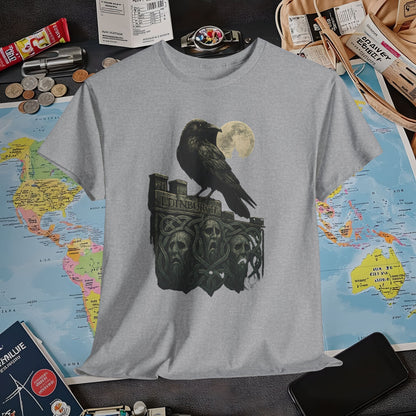 Gothic Crow on Edinburgh’s Haunted Battlements Tee – Dark Tourism Scotland Shirt | Layover Club Air Travel T-Shirts | Jetsetter, Airport, and International Flight Tees