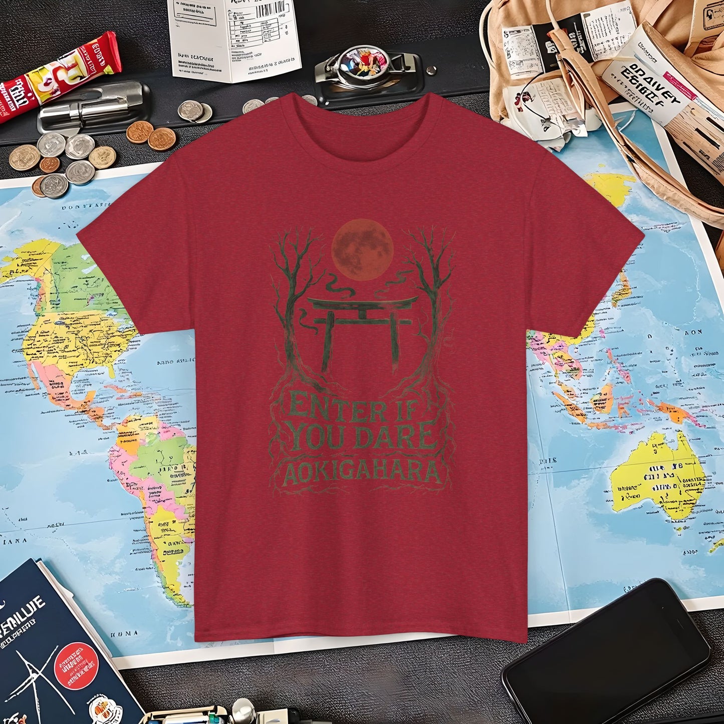 Aokigahara Torii Path Under Blood Moon Tee | Layover Club Air Travel T-Shirts | Jetsetter, Airport, and International Flight Tees