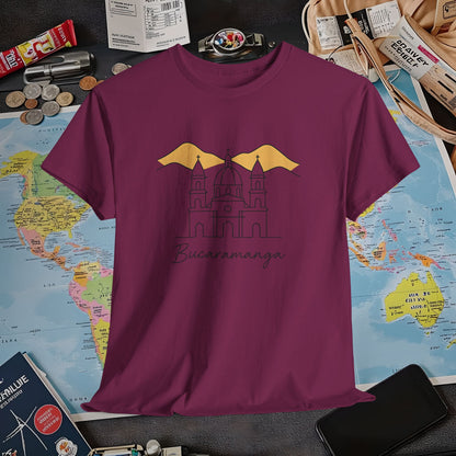 Bucaramanga Cathedral with Andes Silhouette – Vintage Colombia Travel Tee | Layover Club Air Travel T-Shirts | Jetsetter, Airport, and International Flight Tees