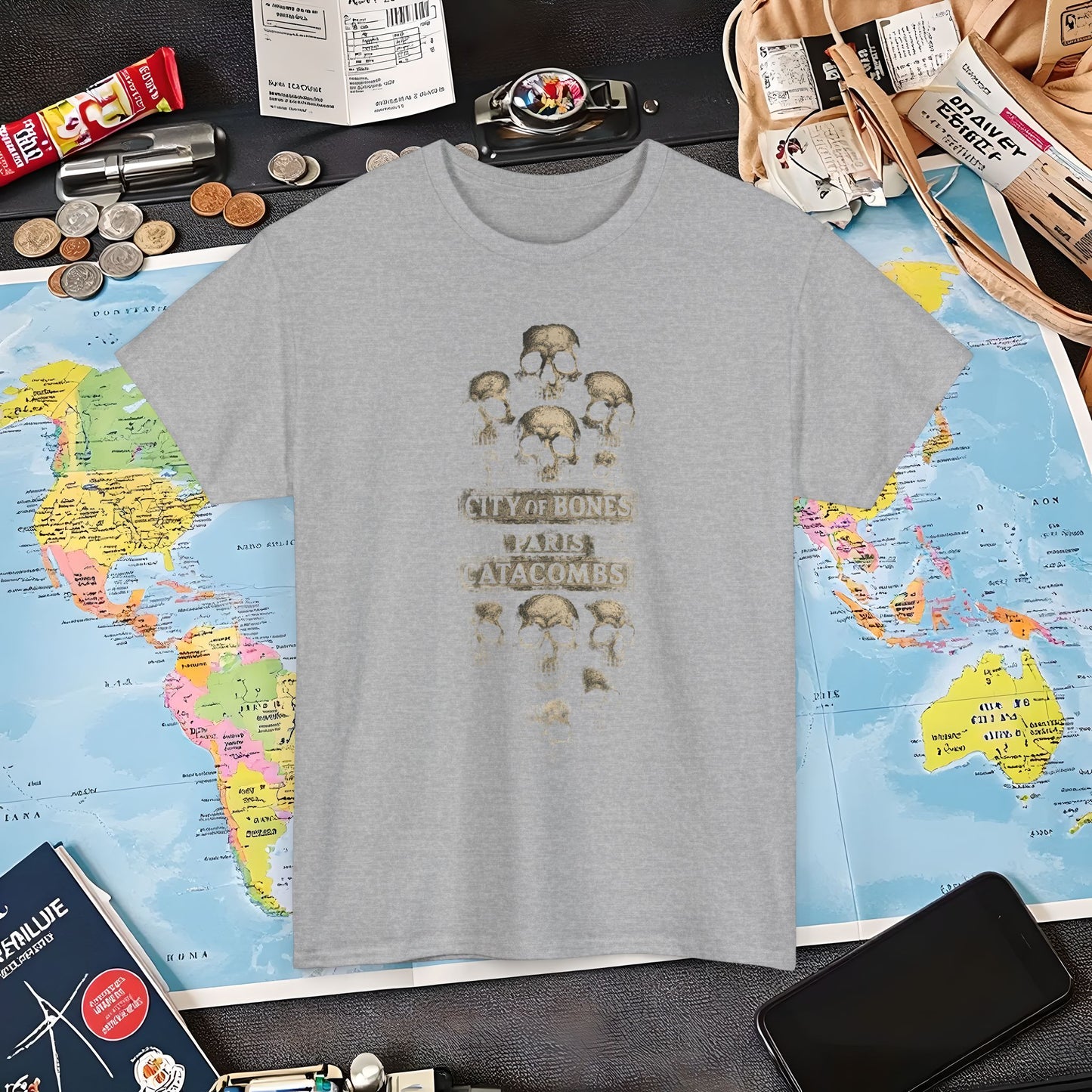 City of Bones Paris Catacombs Skull Wall Shirt – Gothic Haunted Travel Tee | Layover Club Air Travel T-Shirts | Jetsetter, Airport, and International Flight Tees