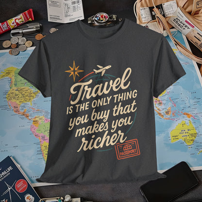 Travel Makes You Richer Tee – Vintage Globe & Airplane Quote Shirt Air Travel T-Shirts | Jetsetter, Airport, and International Flight Tees