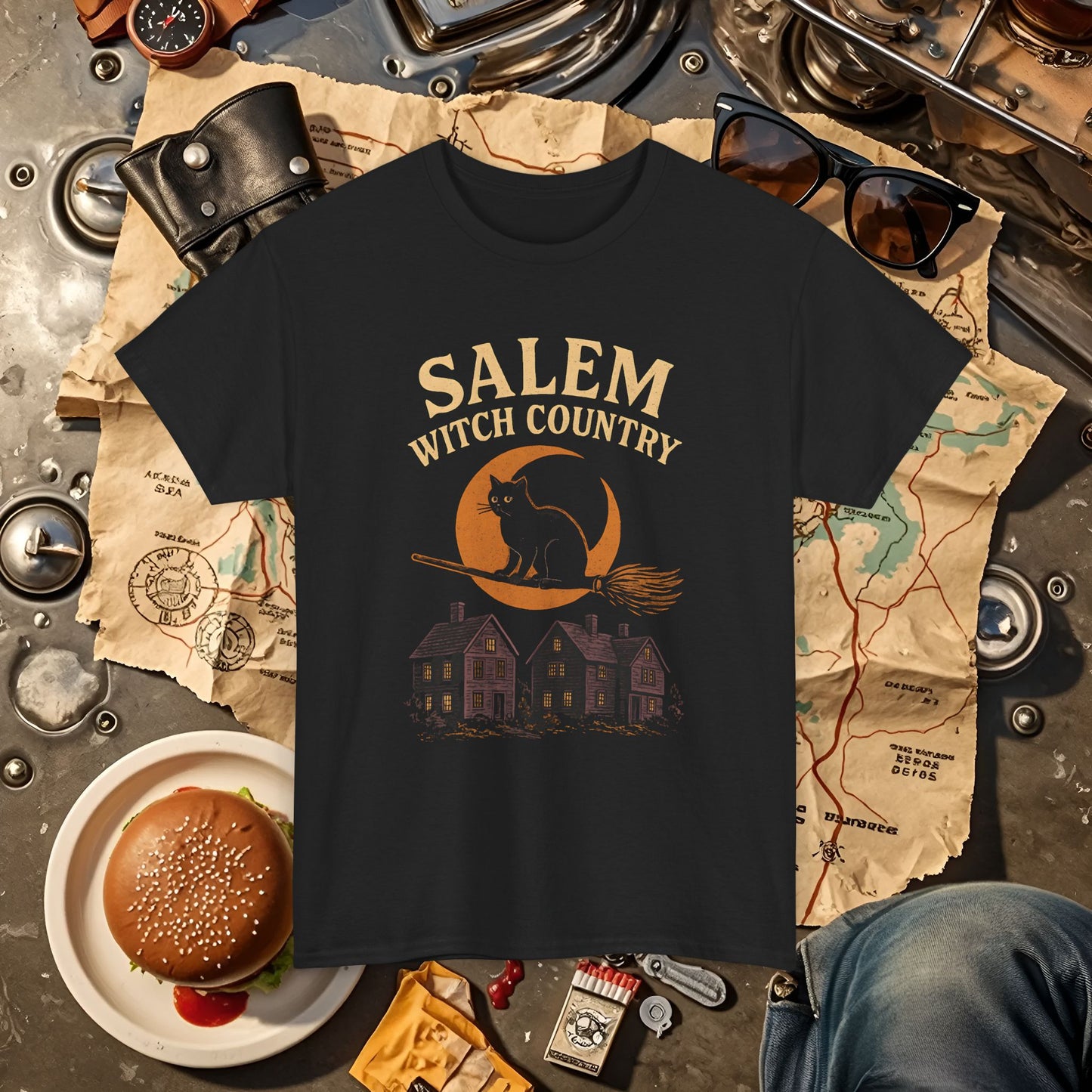 Salem Witch Country Black Cat & Moon Graphic Tee – Gothic Massachusetts Travel Shirt | Car, RV, and Motorcycle Adventure Tees