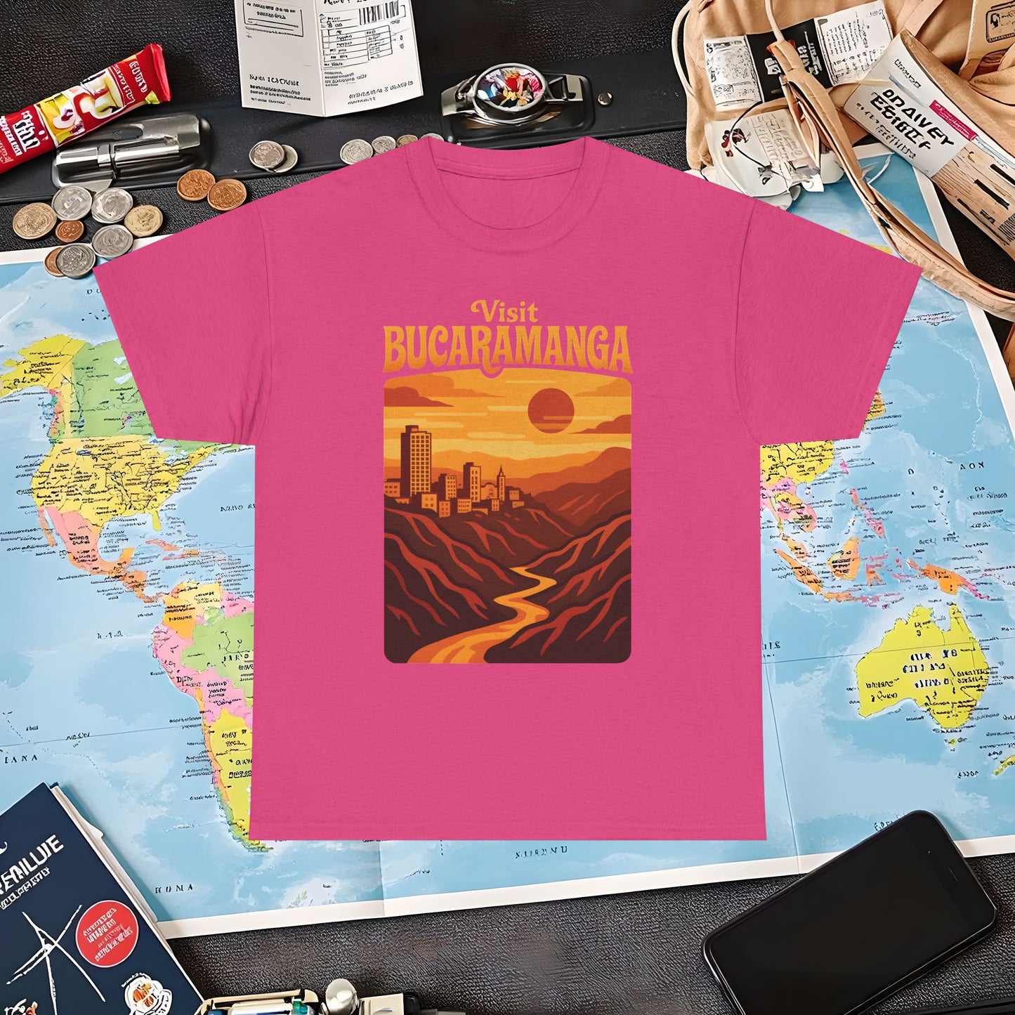 Retro Bucaramanga Skyline & Chicamocha Canyon Sunset – Vintage Colombia Travel Tee | Layover Club Air Travel T-Shirts | Jetsetter, Airport, and International Flight Tees