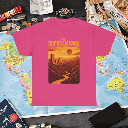 Retro Bucaramanga Skyline & Chicamocha Canyon Sunset – Vintage Colombia Travel Tee | Layover Club Air Travel T-Shirts | Jetsetter, Airport, and International Flight Tees