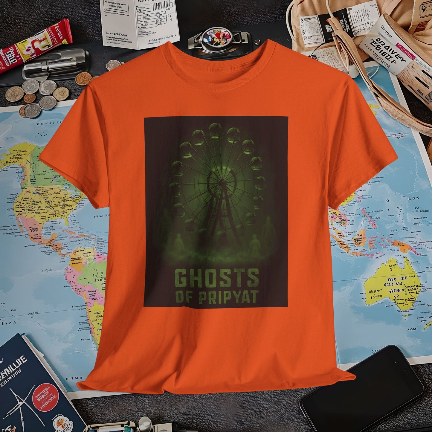 Neon Green Pripyat Ferris Wheel & Ghostly Silhouettes Tee – Chernobyl Dark Tourism Shirt | Layover Club Air Travel T-Shirts | Jetsetter, Airport, and International Flight Tees