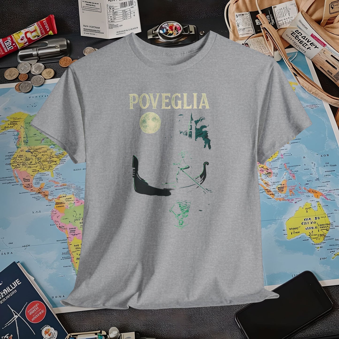 Phosphorescent Gondolier on Haunted Poveglia Tee – Ghostly Venice Dark Tourism Shirt | Layover Club Air Travel T-Shirts | Jetsetter, Airport, and International Flight Tees
