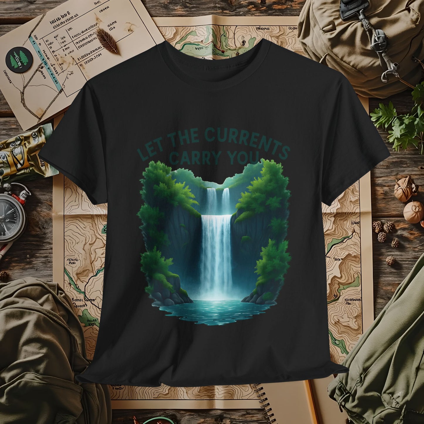Let the Currents Carry You T-Shirt – Waterfall Escape Design Camping, Hiking, Rafting & Kayaking Tees for Nature Lovers