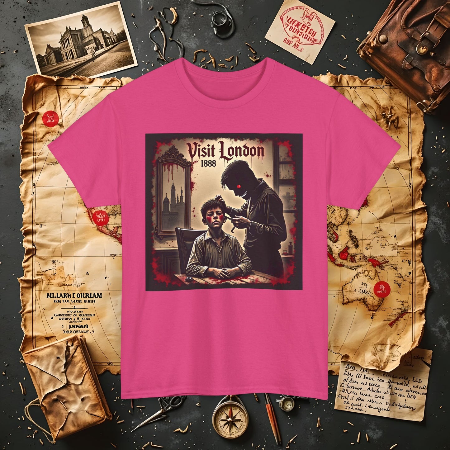 Visit London 1888 T-Shirt – Victorian Horror with Jack the Ripper and Evil Barber Art