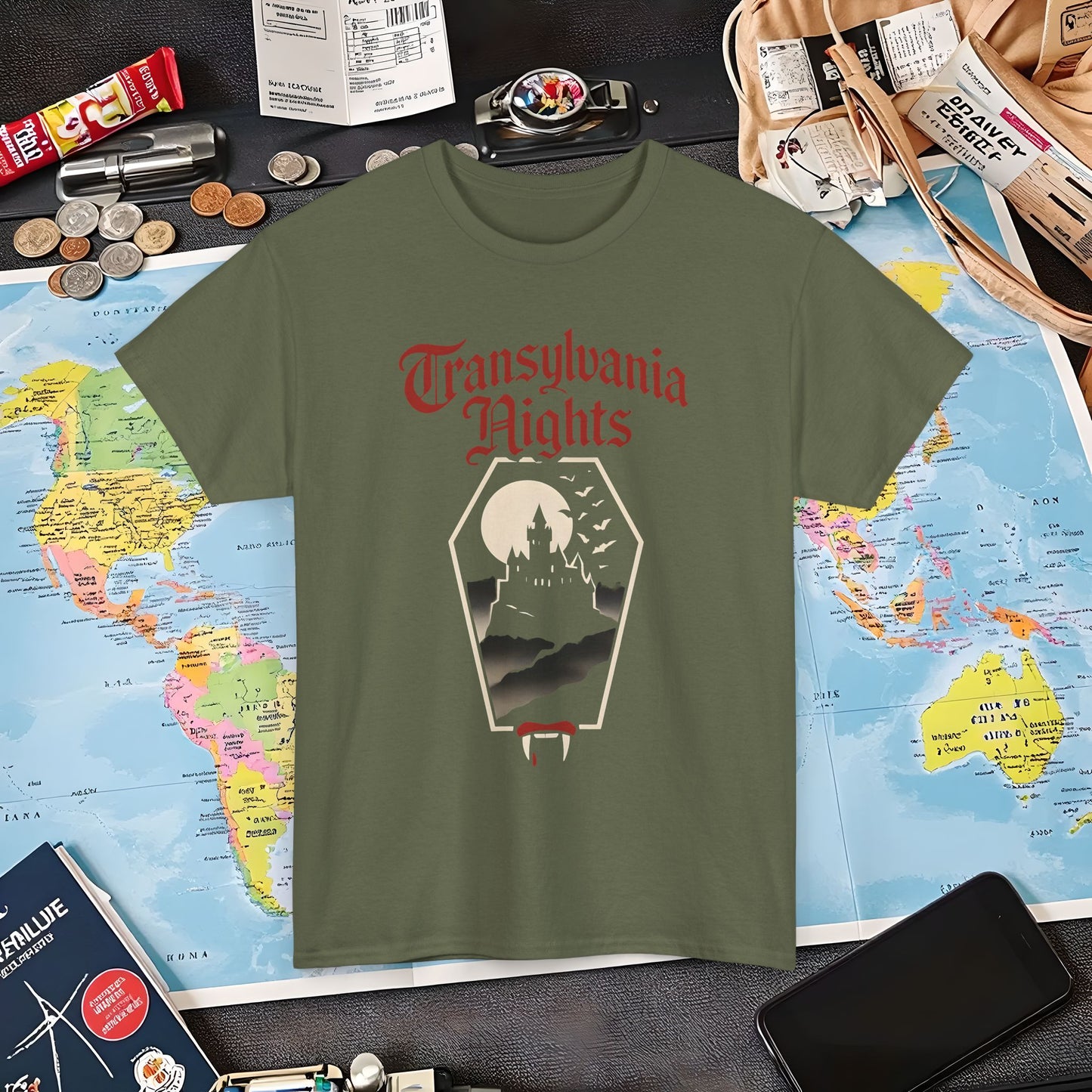 Transylvania Nights Gothic Castle Silhouette Tee – Dark Travel Romania Shirt | Layover Club Air Travel T-Shirts | Jetsetter, Airport, and International Flight Tees