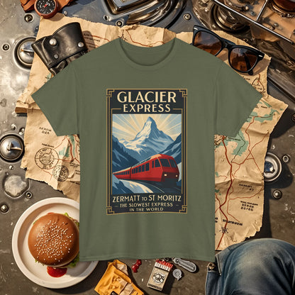 Glacier Express – Art Deco Alpine Train Adventure Tee Road Trip & Vehicle Travel T-Shirts | Car, RV, and Motorcycle Adventure Tees