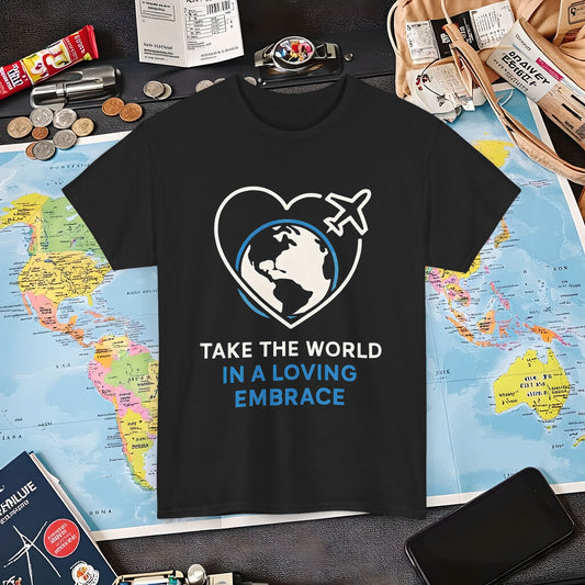 Take the World in a Loving Embrace T-Shirt – Heart in Flight Over Globe Design Air Travel T-Shirts | Jetsetter, Airport, and International Flight Tees