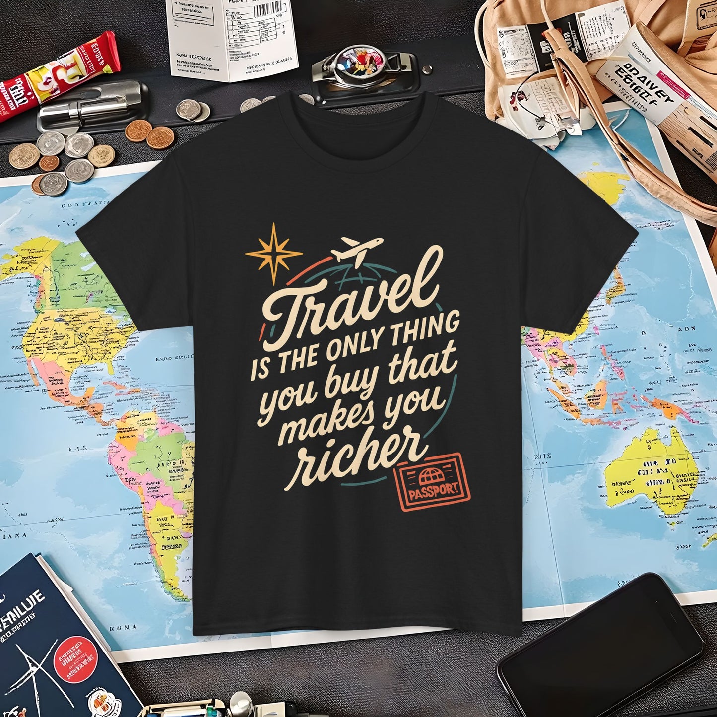 Travel Makes You Richer Tee – Vintage Globe & Airplane Quote Shirt Air Travel T-Shirts | Jetsetter, Airport, and International Flight Tees