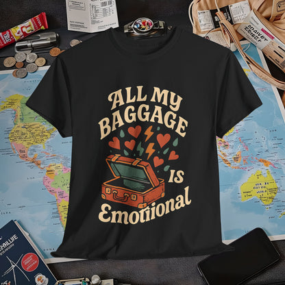 All My Baggage Is Emotional – Retro Suitcase Overflowing with Feelings Tee Air Travel T-Shirts | Jetsetter, Airport, and International Flight Tees