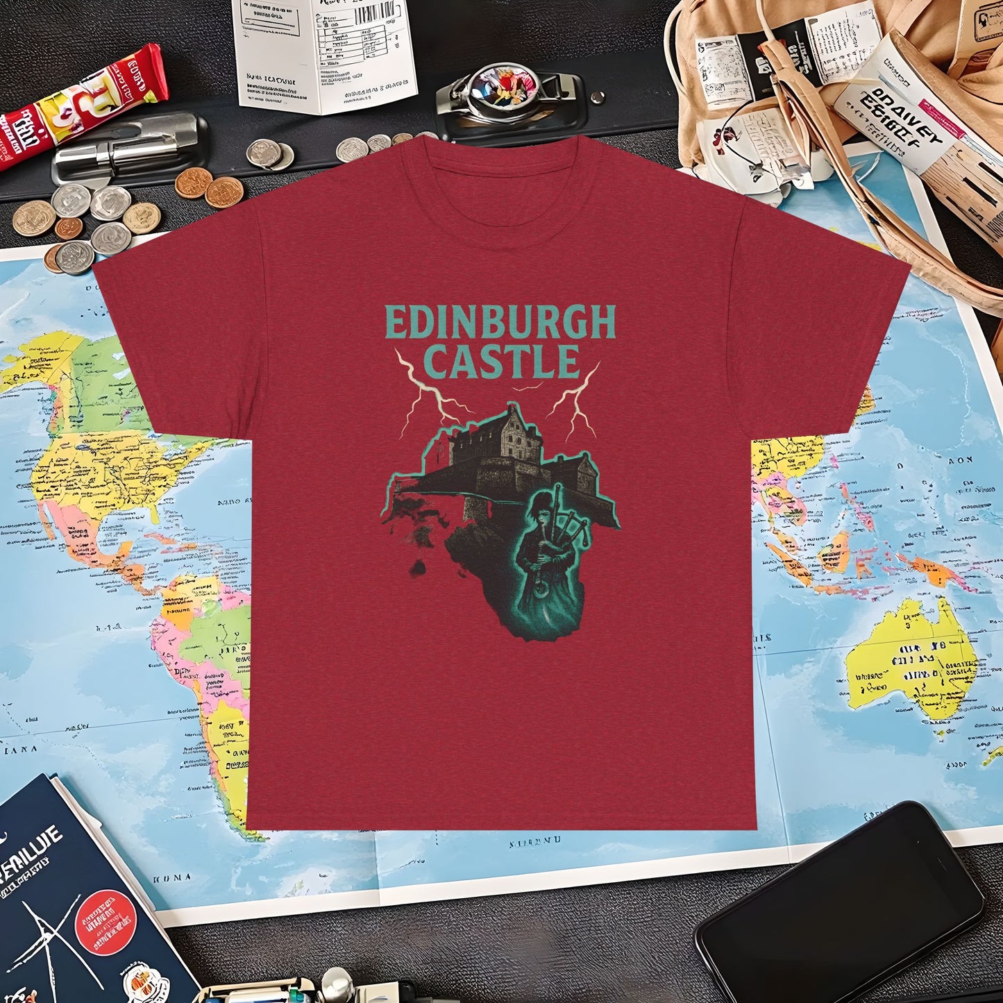 Ghostly Edinburgh Castle & Spectral Bagpiper Tee – Haunted Scotland Dark Tourism Shirt | Layover Club Air Travel T-Shirts | Jetsetter, Airport, and International Flight Tees