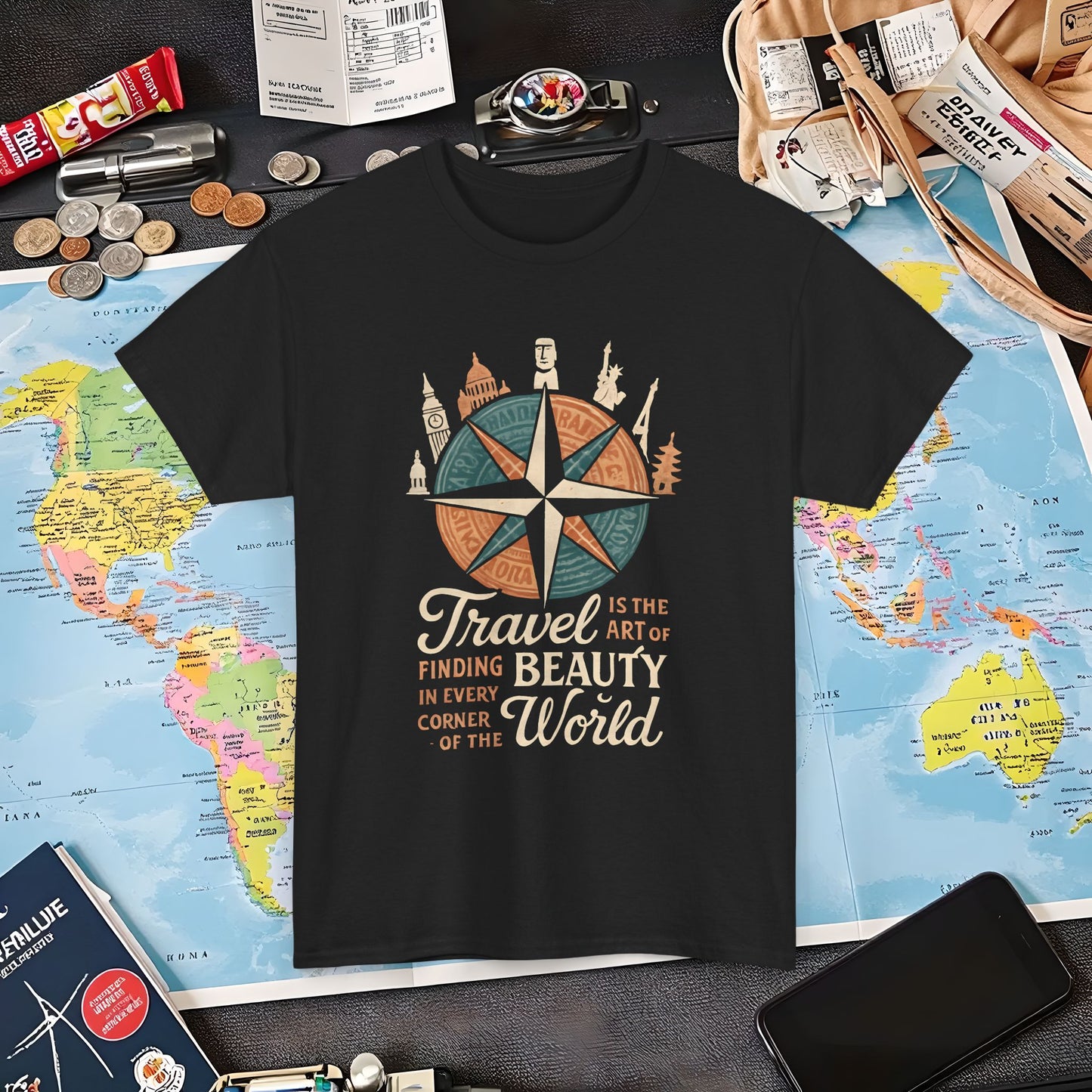 Travel Is the Art of Finding Beauty – Vintage Compass Rose & World Landmark Tee | Layover Club Air Travel T-Shirts | Jetsetter, Airport, and International Flight Tees